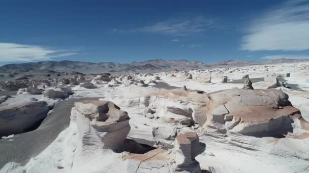 Cena de drones aéreos de estruturas porosas rochosas brancas do campo de pedra-pomes. Voando muito perto entre esculturas naturais descobrindo uma paisagem extensa. Antofagasta de la Sierra, Catamarca, Argentina — Vídeo de Stock