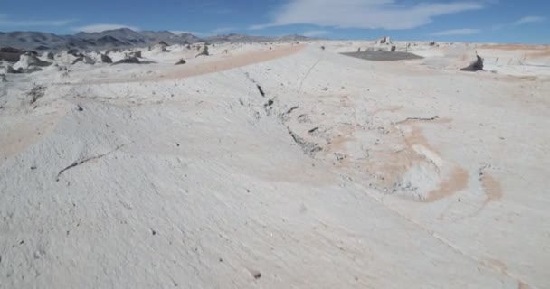 カンポ ・ デ ・ ピエドラ Pomez、アントファガスタ ・ デ ・ ラ ・ シエラ、カタマルカ州、アルゼンチンに安定したカメラの動きをジンバルします。近くの風景を発見白いひびの入った軽石岩を歩く. — ストック動画
