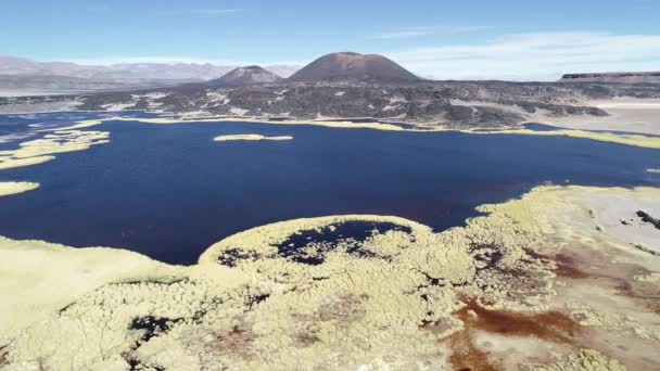 Antenowe drone scena ruchu do tyłu nad laguną niebieski i czerwony, Wyświetlono Alumbrera i Antofagasta wulkany w tle. Desertic czarny krajobraz. Antofagsta de la Sierra, Catamarca, Argentyna — Wideo stockowe