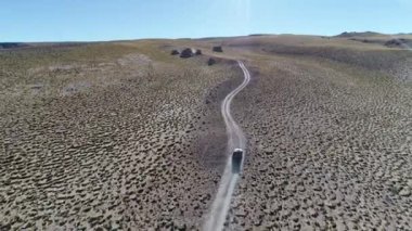 4 x 4 van, parkur otlar ve yaşlı kayalar ile yüksek dağın altın manzaraya yoldan sürüş hava dron sahne. Galan volkan gezi, Antofagasta de la Sierra, Catamarca, Argentina.