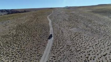 4 x 4 van, parkur otlar ve yaşlı kayalar ile yüksek dağın altın manzaraya yoldan sürüş hava dron sahne. Galan volkan gezi, Antofagasta de la Sierra, Catamarca, Argentina.