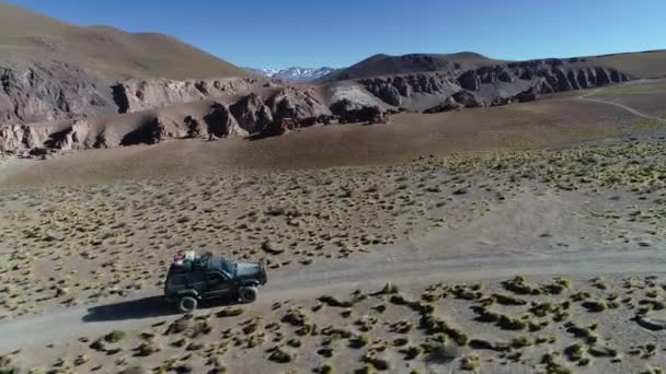 Antenn drönare scen av 4 x 4 van körning på banan terrängkörning på gyllene landskap med höga berg med gräs och gamla stenar. Sidovy av bil. Galan vulkan utflykt, Antofagasta de la Sierra — Stockvideo