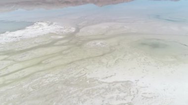Tuzlu Diamante Lagoon dört yetişkin pembe Flaman, Phoenicopterus, su üzerinde yürümek geçiş kuşlar ile hava dron sahne. Antofagasta de la Sierra, Catamarca Eyaleti, Arjantin.