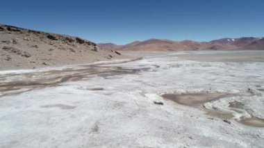 Sıcak meadric brook üzerinde uçan hava sahne. Diamante gölünde Galan volkan caldera arka plan. Derma dağlar. Antofagasta de la Sierra, Catamarca, Argentina