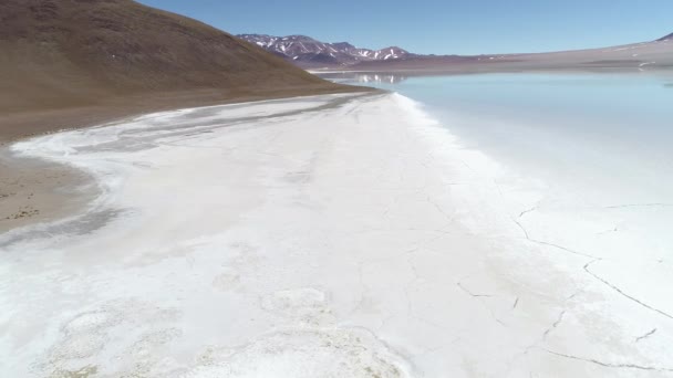Εναέριο κηφήνα σκηνή της λιμνοθάλασσας Diamante Galan ηφαίστειο σε Αντοφαγάστα de la Sierra, Catamarca επαρχία, Puna Atacama, Αργεντινή. Κάμερα κινείται προς τα εμπρός πάνω από το νερό αλμυρό κράκερ. — Αρχείο Βίντεο