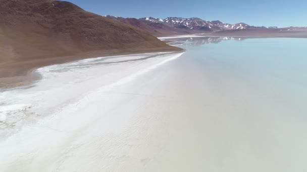 Letecká drone scéně Diamante laguny v sopce Galan Antofagasta de la Sierra, provincie Catamarca, Puna Atacama, Argentina. Fotoaparát svědkyněmi nad vodou slanou sušenku. — Stock video