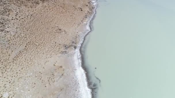Воздушный беспилотник с видом на лагуну Диаманте в вулкане Галан в Антофагаста де ла Сьерра, провинция Катамарка, Пуна-Атакама, Аргентина. Камера движется вперед по солёной воде. . — стоковое видео