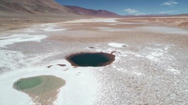 Mavi lagünler, deniz gözleri üzerinde beyaz salar boyunca uçan havadan insansız hava aracı sahnesi. Çöl manzarası, arka planda dağlar. Arizaro salar'da Ojos de mar. Tolar grande, Salta, Arjantin