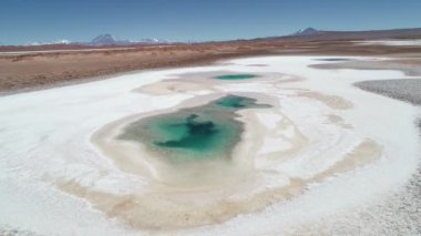 Mavi lagünün su yüzeyi üzerinde uçan havadan insansız hava aracı sahnesi, deniz gözleri, beyaz salar. Arizaro salar'da Ojos de mar. Arka planda Çöle dağlık manzara. Tolar grande, Salta, Arjantin