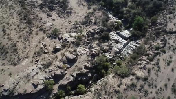 Senitale Drohnen-Szene aus der Luft, die im Kreis um den Fluss in einer kleinen felsigen Schlucht in einer trockenen Wüstenlandschaft fliegen. Hualco-Schlucht in der Provinz Rioja, Argentinien — Stockvideo
