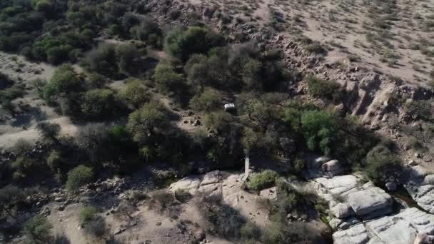Scena aerea drone che vola verso boschi e fiumi rocciosi, carovana sotto gli alberi. Hualco Canyon nella provincia di Rioja, Argentina — Video Stock