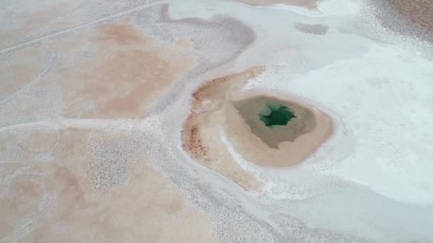 Aerial drone scene flying along blue lagoons, sea eyes, at white salar. Abstract natural image of Ojos de mar at Arizaro salar. Tolar grande, Salta, Argentina — Stock Video