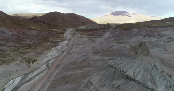 Luftfahrt entlang des weiten erodierten Tals in einer einsamen, farbenfrohen Landschaft. Coranzuli, Salta, Argentinien. Ruta 40 — Stockvideo