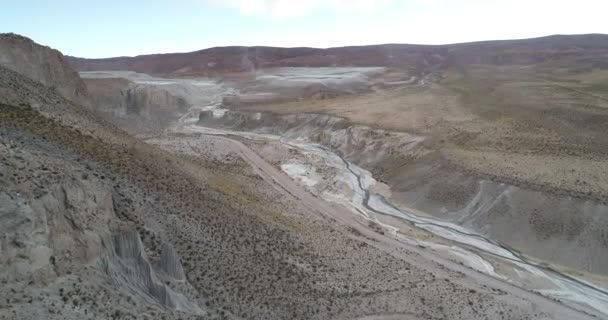 Aérea que muestra valle desértico con ríos meandémicos secos, caminos fuera de pista y texturas abstractas, patrones. Coranzuli, Salta, Argentina — Vídeo de stock