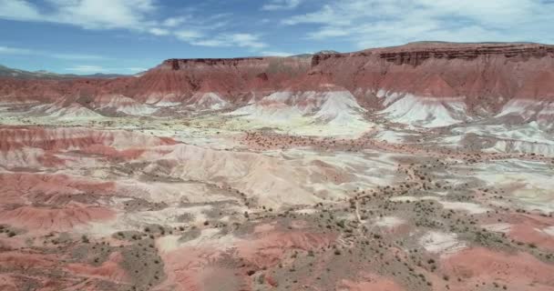 Renkli dağlık manzara havadan drone sahne. Kırmızı, turuncu ve beyaz renklerle kuru vadi üzerinde uçan. Mars vadisi, Valle de Marte, Cusi Cusi, Jujuy, Arjantin — Stok video