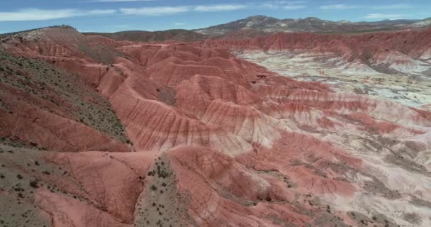 Kırmızı ve beyaz tabaka dağlık manzara havadan drone sahne. Kırmızı, turuncu ve beyaz renklerle yanlara doğru kuru vadiuçan. Mars vadisi, Valle de Marte, Cusi Cusi, Jujuy, Arjantin — Stok video