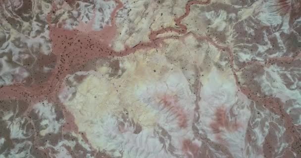 Top view of red, white and yellow eroded dry mountainous landscape. Abstract nature image. Mars valley, Valle de Marte, Cusi Cusi, Jujuy — Stock Video