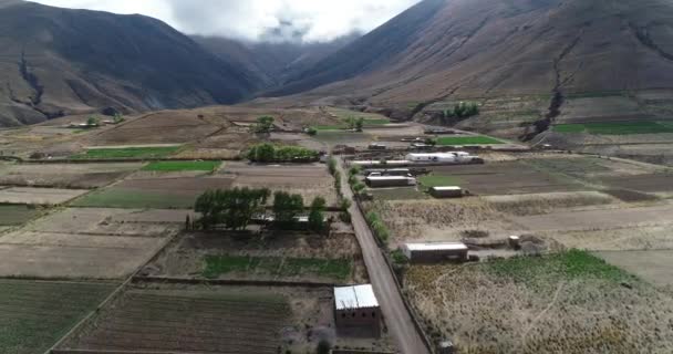 Εναέρια πτήση πάνω από μικρές φάρμες με καλλιέργειες σε ορεινές πλαγιές. Παλαιό παραδοσιακό σύστημα καλλιέργειας. Pueblo Viejo, Σάλτα, Αργεντινή — Αρχείο Βίντεο