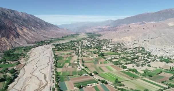 Cena de drones aéreos de pequena agricultura local no vale do rio em paisagem deserta. Vale grade verde cercado por cadeia montanhosa multicolor seca. Paleta del Pintor, Maimara, Jujuy, Argentina — Vídeo de Stock