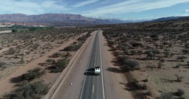 Karavan ın havadan drone sahnesi ve kaktüs dolu bir arazide 4x4 sürüş. Threchocereus. Kamp tatilleri. Salta, Arjantin