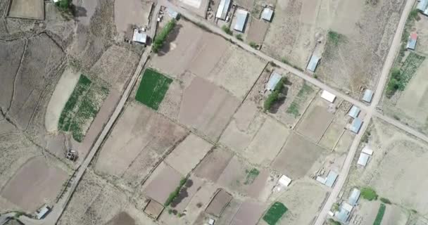 Haut antenne du réseau naturel de l'agriculture locale suspendue à la falaise sur le plateau montagneux. Des vallées profondément érodées. Salta, Pueblo Viejo, Argentine — Video