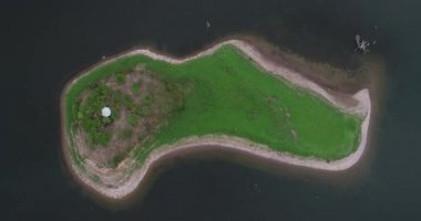 Senital havadan insansız hava aracı sahnesi mavi gölde küçük yalnız yeşil adadan yükseliyor. Cabra Corral Barajı'ndaki ıssız ada, Salta'nın turistik alanı, Arjantin