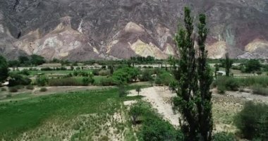 Çok renkli kuru dağ zincirleri ile çevrili yeşil tarım vadisinin havadan drone sahne. Ekinleri keşfeden kamera yükseliyor. Paleta del pintor, Maimara, Jujuy, Arjantin