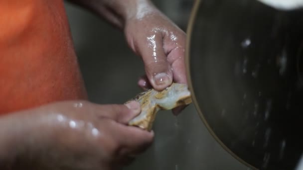 Fotografía en cámara lenta del hombre esculpiendo estatua con piedra semipreciosa. Primer plano de cortar roca de onix para crear caballo con disco de corte y agua. Decoración artesanal de piedra. La Toma, San Luis, Argentina — Vídeo de stock