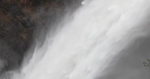 Cultivando agua de la cascada. Detalle del movimiento del agua al caer. El pájaro vuela. Acantilado, y movimiento de vapor de agua en backgorund. Hojas de árboles en primer plano. Córdoba, Argentina — Vídeos de Stock