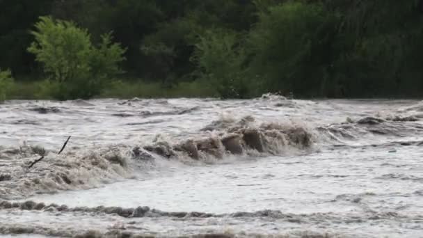Powolny ruch silnej, gwałtownej, brązowej rzeki, detale fal. Powódź w Mina Clavero, Cordoba, Argentyna — Wideo stockowe