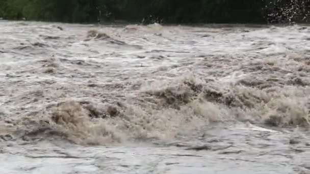 Güçlü türbülanslı nehrin yavaş hareketi, dalgaların ayrıntıları ve su akıntısının köpüğü. Mina Clavero, Cordoba, Arjantin — Stok video