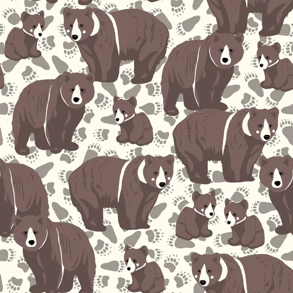 El patrón vectorial Bear Family sobre fondo blanco con huellas de oso — Vector de stock