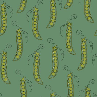 Yeşil zemin üzerinde bezelye kabukları olan basit vektör tekrarlama deseni.