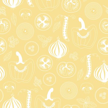 Sarı arka planda beyaz çizgili sebze dilimleri ile vektör tekrarlama deseni.