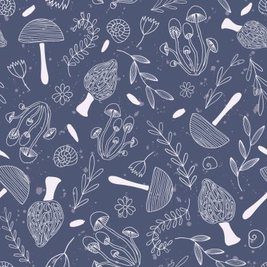 Açık pembe mantarlı ve koyu mavi arka planda çiçekli şirin vektör tekrarlama deseni.