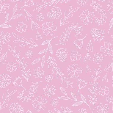 Tatlı romantik vektör deseni. Karalama çiçekleri ve pembe arka planda yapraklar..
