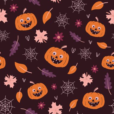 Gülümseyen balkabakları, örümcek ağları ve koyu mor arka planda sonbahar yaprakları olan sevimli vektör tekrarları. Cadılar Bayramı teması.