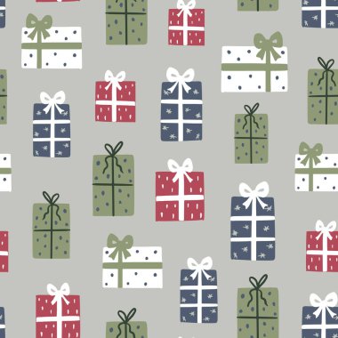 Açık gri arka planda sevimli renkli el çizimleri ile Noel vektör deseni tekrarla.