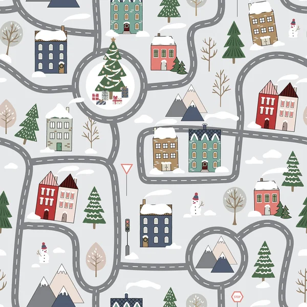 クリスマスベクトル冬の都市地図と繰り返しパターン かわいい手描きの家 木や小さな雪だるま — ストックベクタ