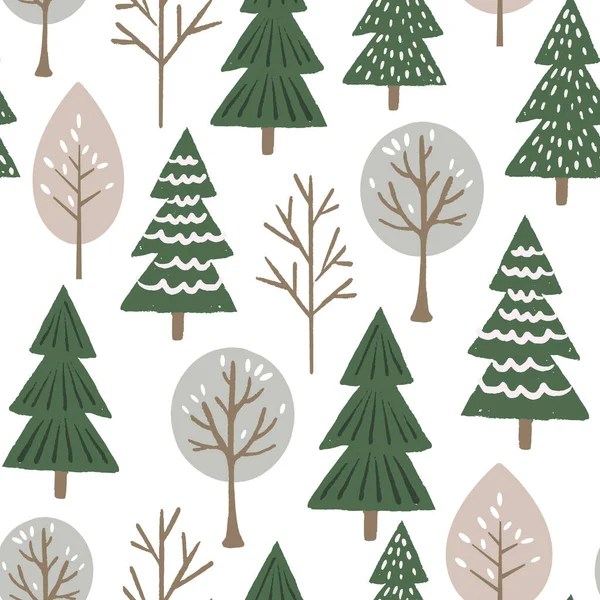 Векторный Повторяющийся Рисунок Зимними Деревьями Белом Фоне — стоковый вектор