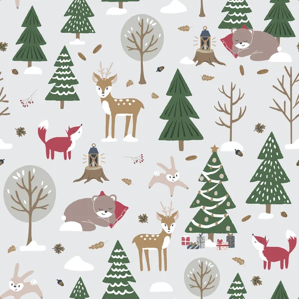 Modèle Répétition Vectorielle Noël Avec Des Animaux Mignons Forêt Hiver — Image vectorielle