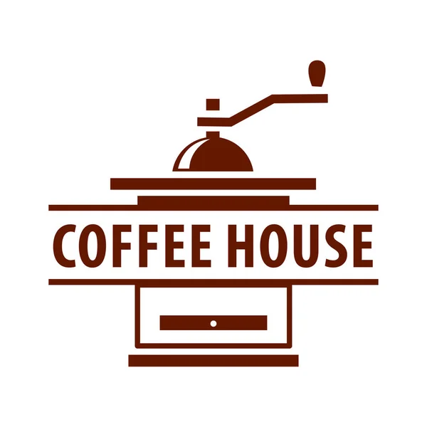 흰색에 분리 된 갈색 색조의 오래 된 역 기계 커피 분쇄기 옆에 싱싱 한 완 만 한 커피 로고를 넣은 김 이 나는 컵의 설계 요소 — 스톡 벡터