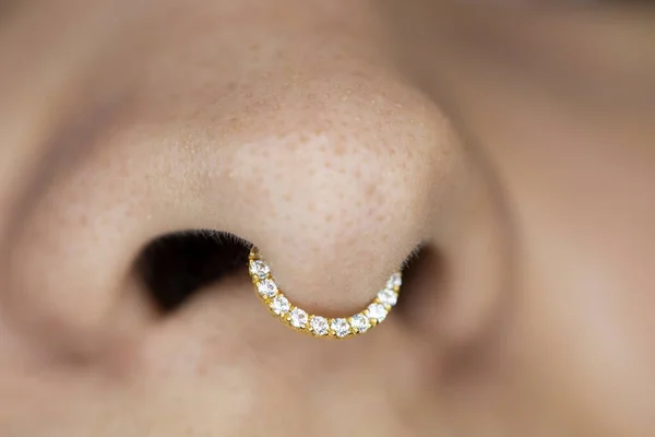 Burun delici burun deliği. Çok güzel delen mücevherler. Makro atış. Seçici odak.