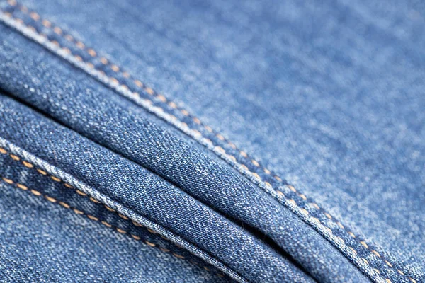 Denim Jeans Textur Med Strängar Och Sömmar Makroskott Selektiv Inriktning — Stockfoto