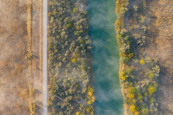 Fantastic Foggy River Road Dramatic Unusual Scene Autumn Landscape Aerial — Stock Photo, Image