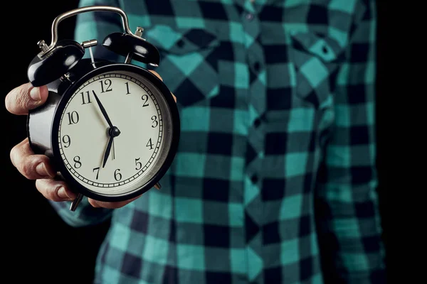 Woman Green Shirt Holding Vintage Alarm Clock Black Alarm Clock — Stock Photo, Image