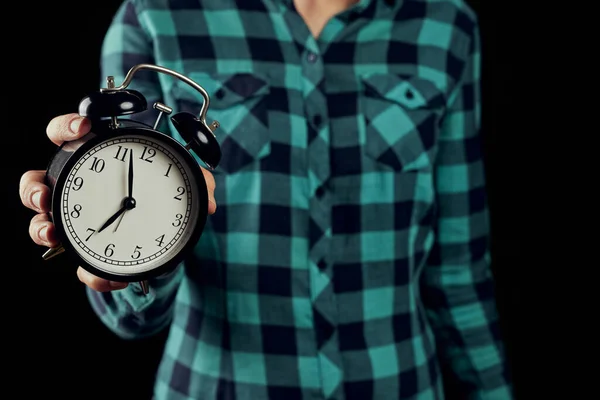 Woman Green Shirt Holding Vintage Alarm Clock Black Alarm Clock — Stock Photo, Image