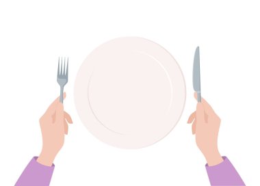 Bir yemek bıçağı ve çatal tutan iki el ve ortada beyaz arka planda izole edilmiş büyük boş bir tabak, üst manzara. Düz vektör illüstrasyonu