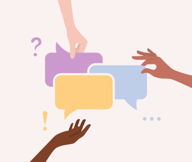 Farklı milletlerden insanların elleri ve renkli konuşma baloncukları tutan ten renkleri. Düz vektör illüstrasyonu