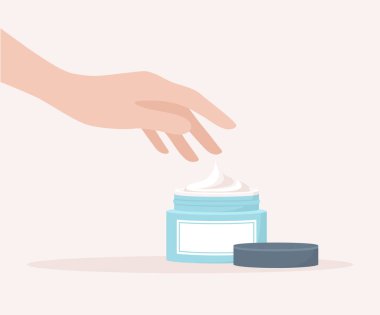 Kadın eli açık bir krema kavanozuna uzanıyor, düz vektör çizimi